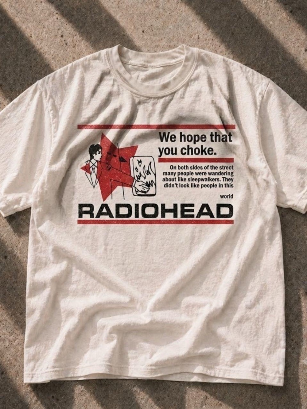 Gildan White Radiohead Graphic Tee with Red and Black Print
